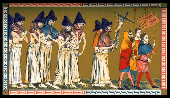 Flagellants in the Netherlands during the Black Death, 1349. They carry the image of Christ before them to aid their empathetic ‘imitatio’.
